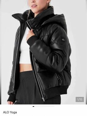ALO Yoga Faux Leather Boss Puffer Jacket Black Medium